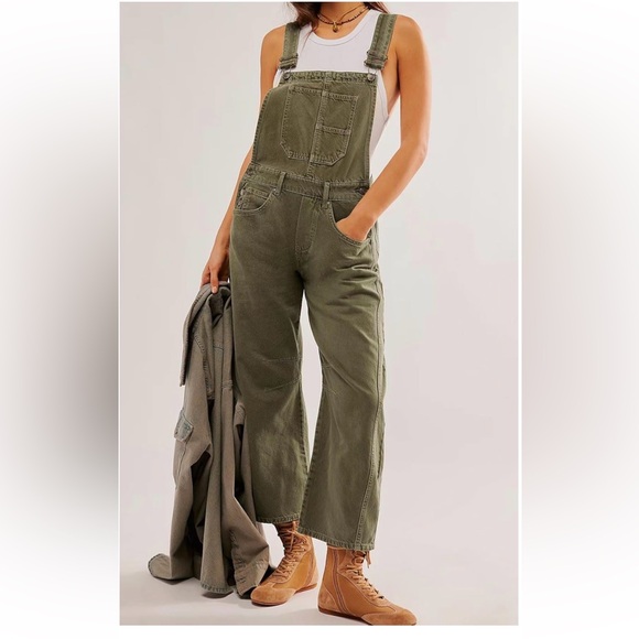 Pants - Olive Green Cotton Wide-Leg Overall Jumpsuit